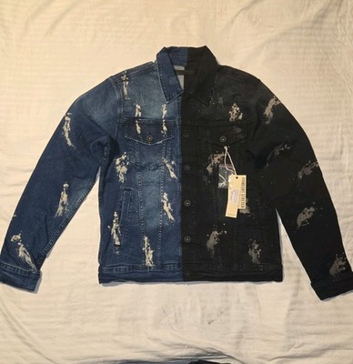 KDNK Men's Blue/Black Colorblock Jean Jacket M Button Front Pockets Regular Fit