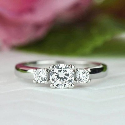 Stunning Three Stone Ring 14K White Gold Plated 2Ct Round Cut Simulated Diamond