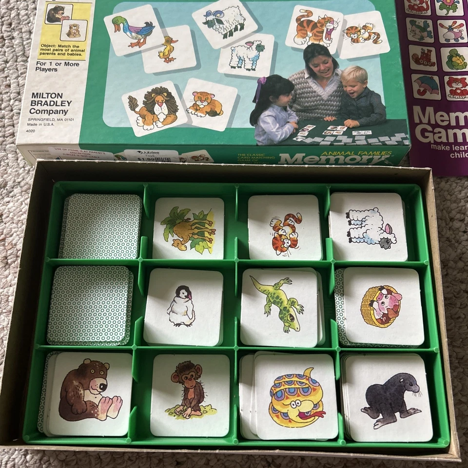 VTG 1986 Milton Bradley ANIMAL FAMILIES Memory Card Matching Game Complete Match - Image 2 of 4