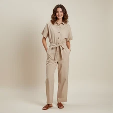 FRNCH Paris Women's Jumpsuit Small Beige Buttoned & Belted 80's Vibe Minimalist