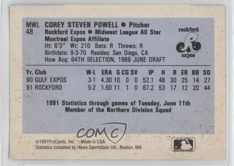 1991 ProCards Midwest League All Star Game Corey Powell #MWL48 - Image 2 of 2