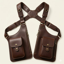 Brown Leather Shoulder Holster Bag Men Chest Rig Harness Tactical Wallet Pouches