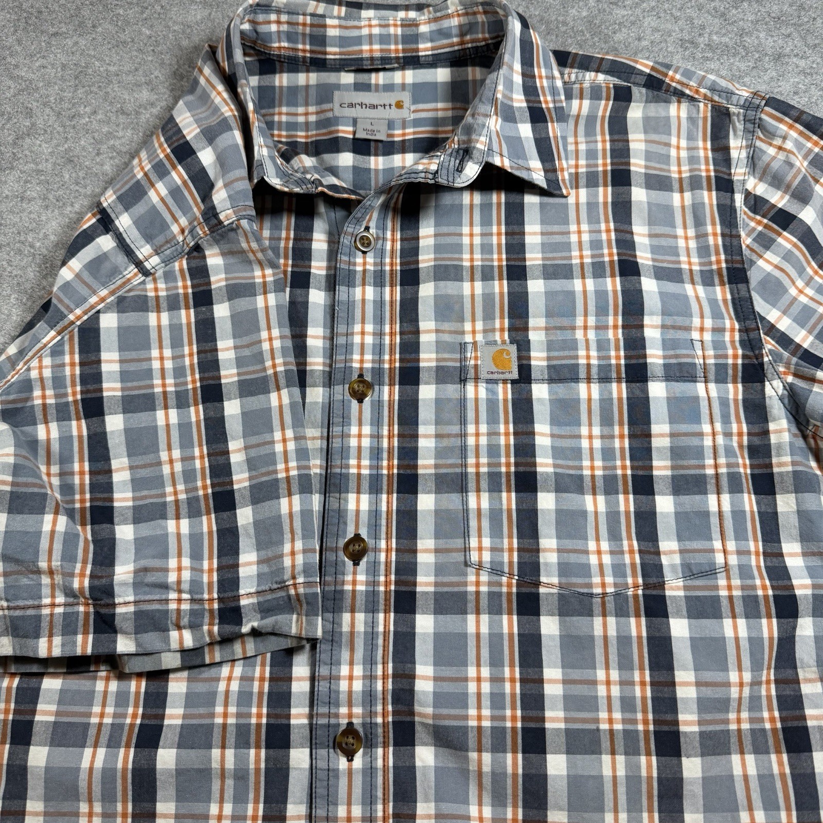 Carhartt Blue Plaid Work Shirt Mens L Relaxed Fit Button Up Pocket Short Sleeve thumbnail 8