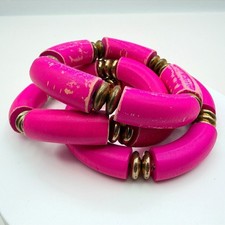 Vintage 90s Hot Pink Tube Beaded Stretch Bracelet Set 3pc Gold Tone Jewelry