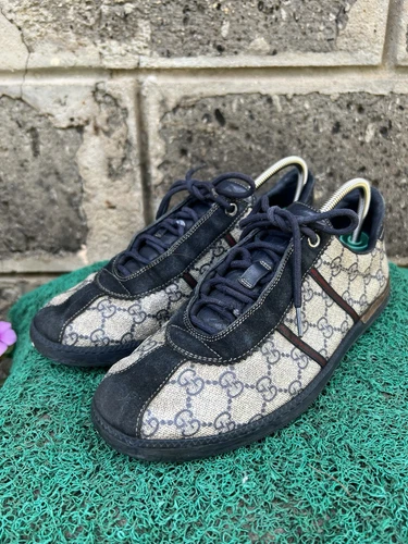 Baskets basses Gucci bleu/beige Guccissima toile enduite et daim U.S 7