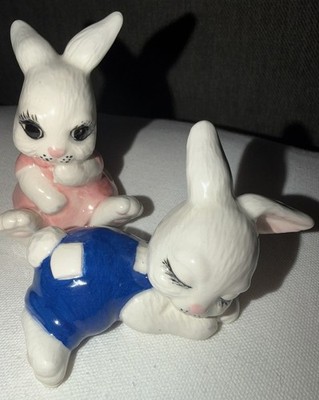Vintage Bunny Rabbits Easter 1987 Kitschy  Figurines Anthropomorphic boy & girl