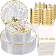 350 Pcs Clear Gold Plastic Plates, Hammered Disposable Dinnerware, Clear-Gold...