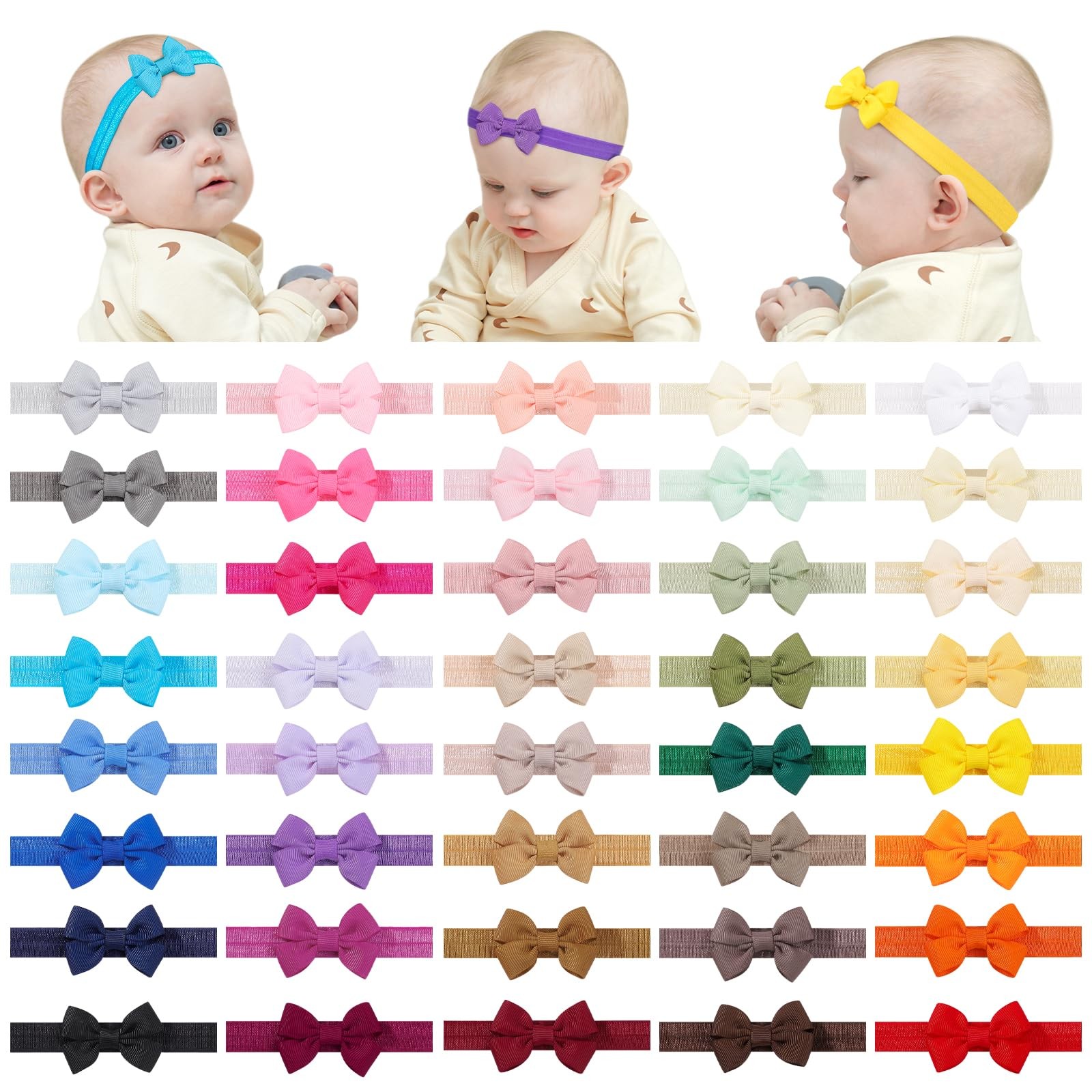 40 Bandeaux Bébé Fille en Élasthanne Souple avec Nœuds Papillon Multicolores