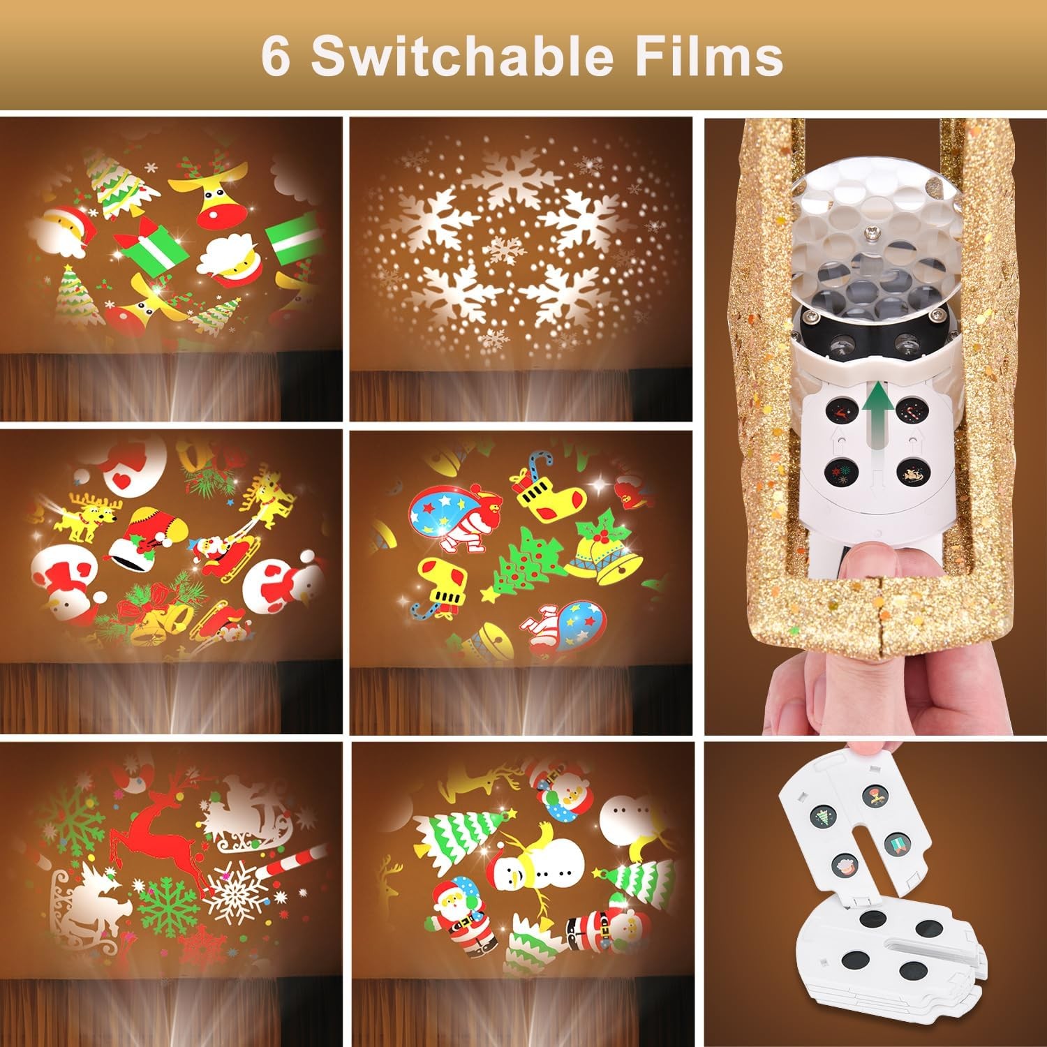 LED Rotating Tree Topper, light Projector With Six Slides. Gold Christmas star