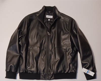 Calvin Klein Men's Black Faux Leather Bomber Jacket XL Full Zip Lined Pockets