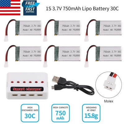 6pcs 3.7V 750mAh Lipo Battery 30C with Charger for Syma X5 X5A X5SW X5C X5C1 RC