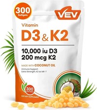 VEV Vitamin D3 Con K2 10000 IU, 300 Virgin Coconut Oil Softgels, 2 in 1 Vitamins