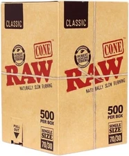 RAW Classic Pre-Rolled Cones 500 Pack  70/30 Single Size | Natural Rolling Paper