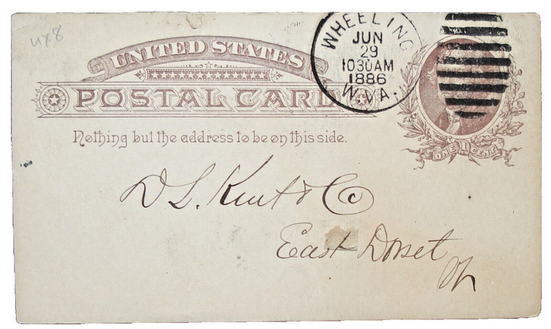 US SC UX8 WHEELING, W.WA POSTAL CARD HISTORY 1886