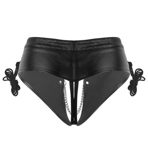 Damen Slip PU Leder Ouvertslip Nachtclub Unterwäsche mit Schnallen und Schnürung - Picture 3 of 12
