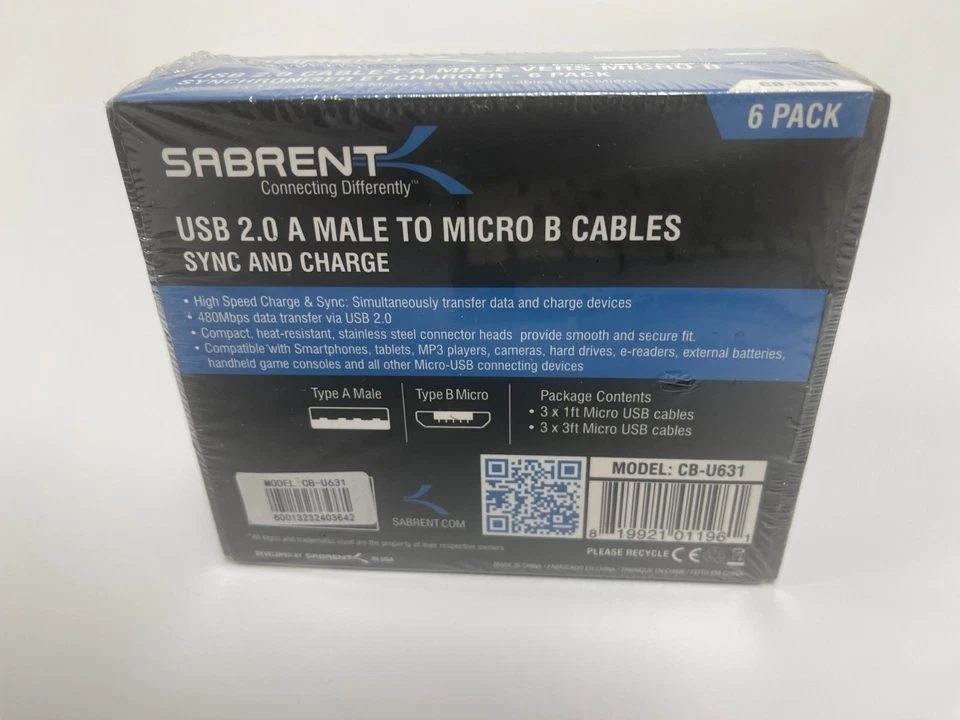 SABRENT USB 2.0 A male to micro B cables-6 Pack BRAND NEW SEAL - Image 2 of 3
