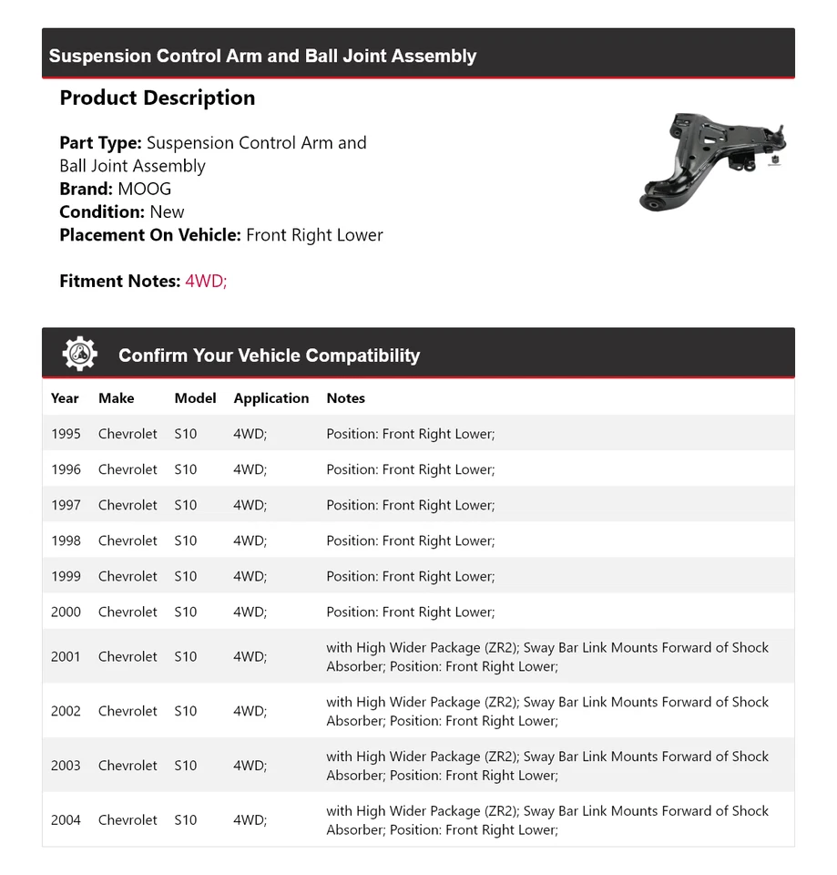 Brazo de control delantero derecho inferior MOOG 1995-2004 para Chevrolet S10 4x4 1995 1996 Foto 2 de 4