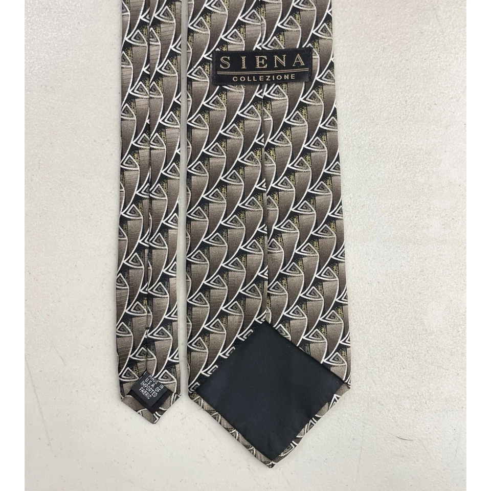 Corbata de seda italiana vintage años 80 topo/oro metálico estampado geométrico Foto 3 de 4