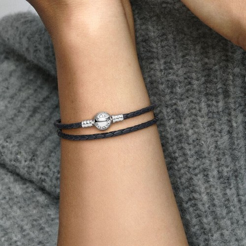 NUOVO 35 cm Autentico PANDORA Pelle Nera Charm Bracciale Doppio Involucro #590745CBK-D - Foto 5 di 6