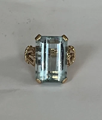 4615- Importante Bague En Or Jaune Aigue-marine De 16 Ct - Photo 1/4