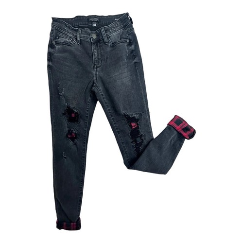 Judy Blue Buffalo Plaid Patch Black Skinny Jeans, Size 0/24 Mid Rise, Distressed - Picture 2 of 16