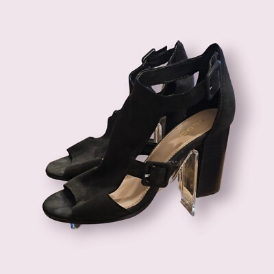 Aldo Black Suede Block Heels Size 8 Meygan-93 BUCKLE SANDAL PEEP