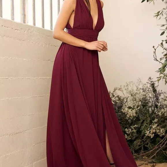 Lulus Heavenly Hues Burgundy maxi long v neck dress sz Small eBay