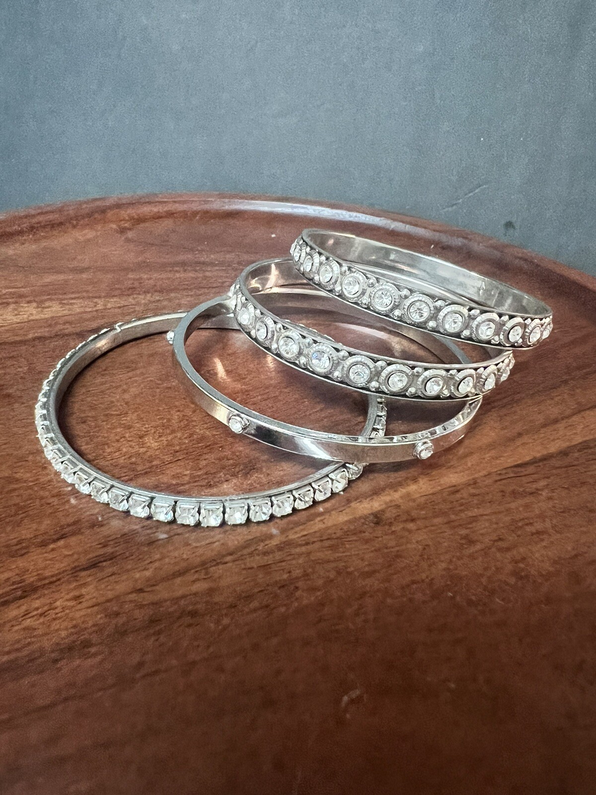 Bangle Bracelets Stackable Silvertone Rhinestones - image 2