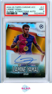 LAMINE YAMAL 84/99 TOPPS CHROME UEFA CLUB COMP GLOBAL ATTR AUTO 2024 25 LY PSA 9