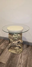 Whimsical Fox and Dalmatian Tree Trunk Accent Table Hand Painted Resin Glass Top