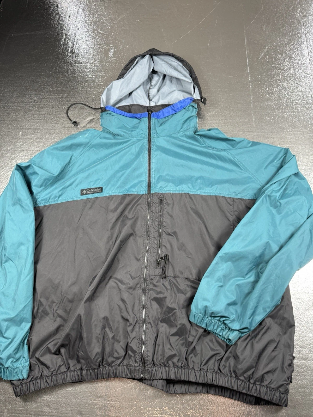 Vintage Columbia Windbreaker Jacket Full Zip XL w/ Hood Green BLK Blue Tag Out