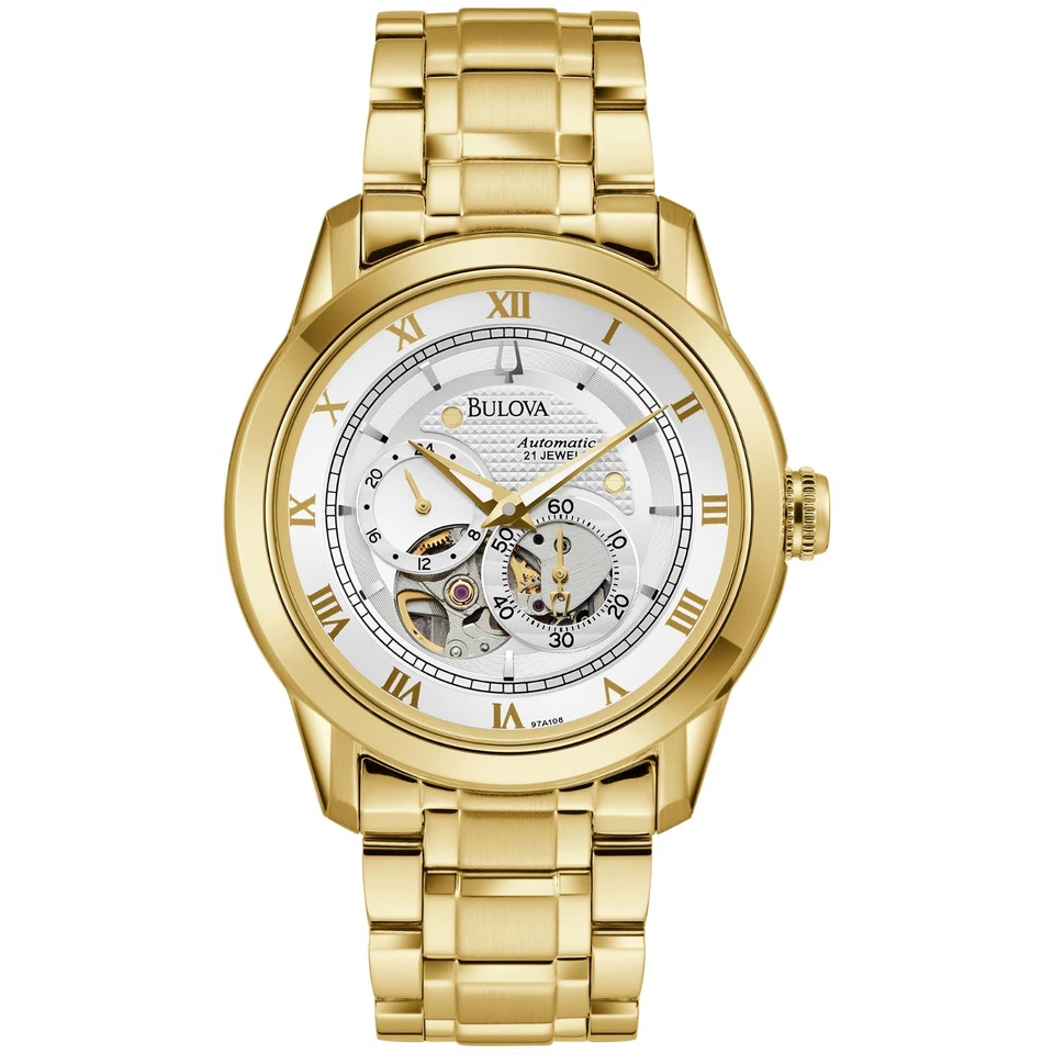 Bulova Men's Sutton Skeleton Automatic Gold Stainless Steel Watch 42MM 97A108