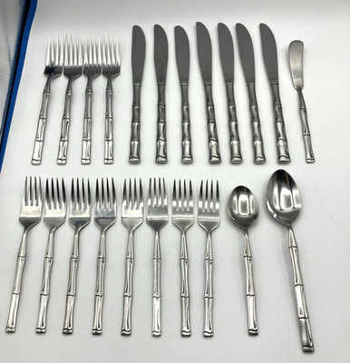 Vintage Rogers Co Stainless Korea Flatware BAMBOO Style Fork Spoon Knife 22 Pcs