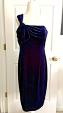 David Meister Boned support Blue Velvet one shoulder Party Cocktail Dress sz 10