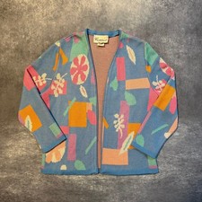 Vtg Castlebrook Abstract Graphic Knit Cardigan Sweater Womens L 12 USA Made Blue