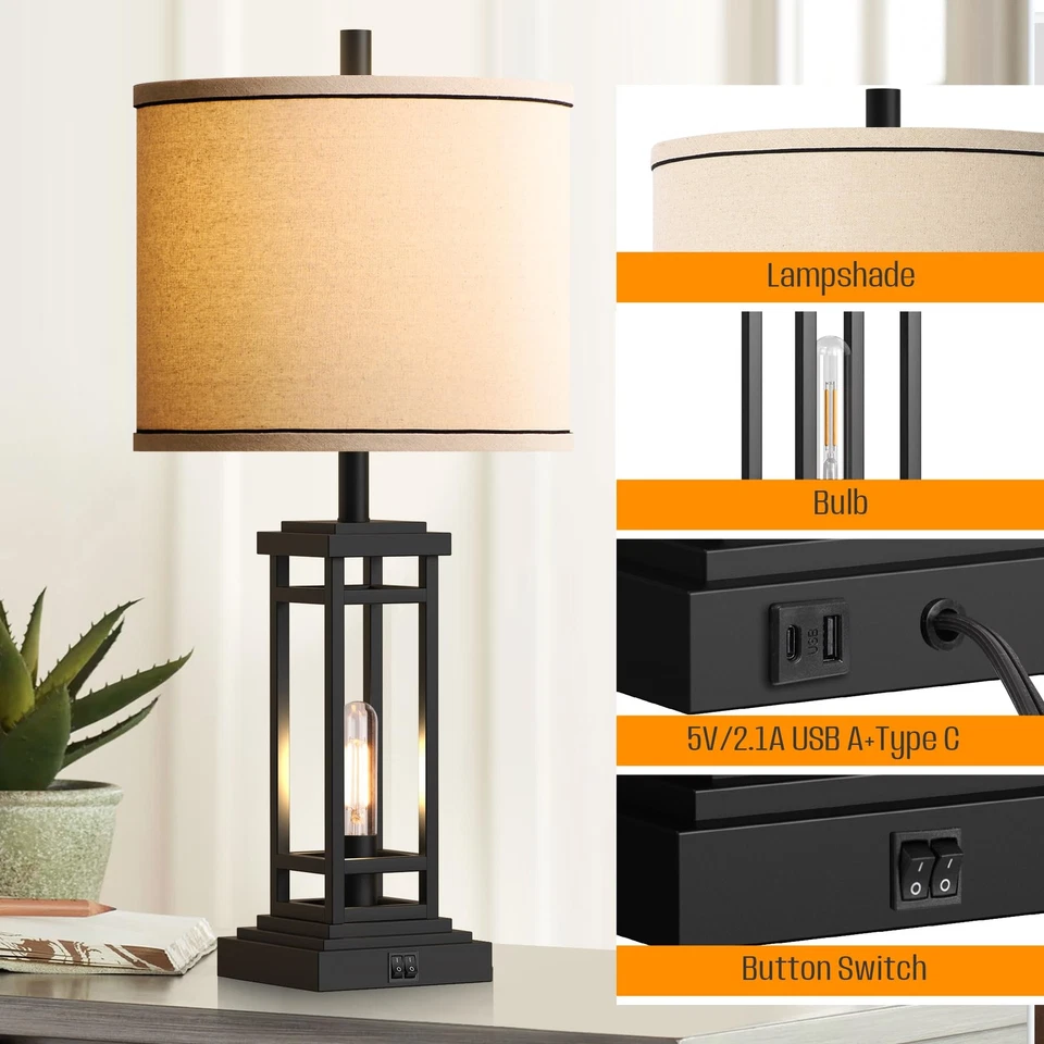 27.5 Tall Farmhouse Table Lamps with USB C + USB A Charge Ports, Rustic Livin... - Image 4 of 4