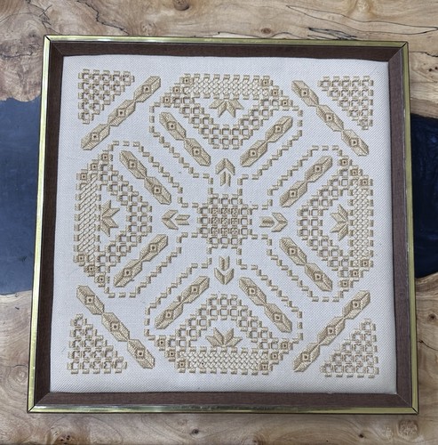 Vintage Norwegian Hardanger Embroidery Framed Wall Art 13x13