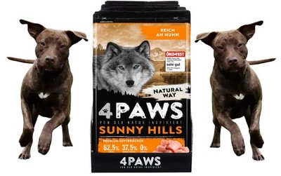   4x 2kg 4PAWS Hundefutter Sunny Hills Huhn Trockenfutter Getreidefrei Futter
