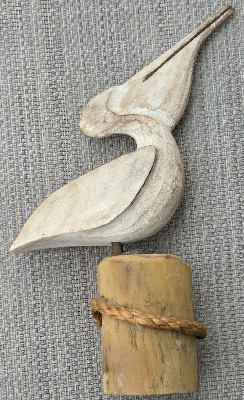 Vintage Handcrafted Wood Pelican Sculpture Coastal Nautical Rope Folk Art 11"