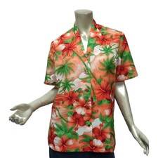 Vintage 60s Sz Large Royal Hawaiian Aloha Shirt Top Orange Hibiscus Nylon