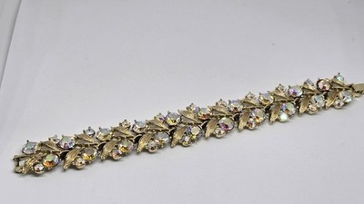 Vintage Kramer Aurora Borealis Rhinestone Leaf Bracelet Gold Tone