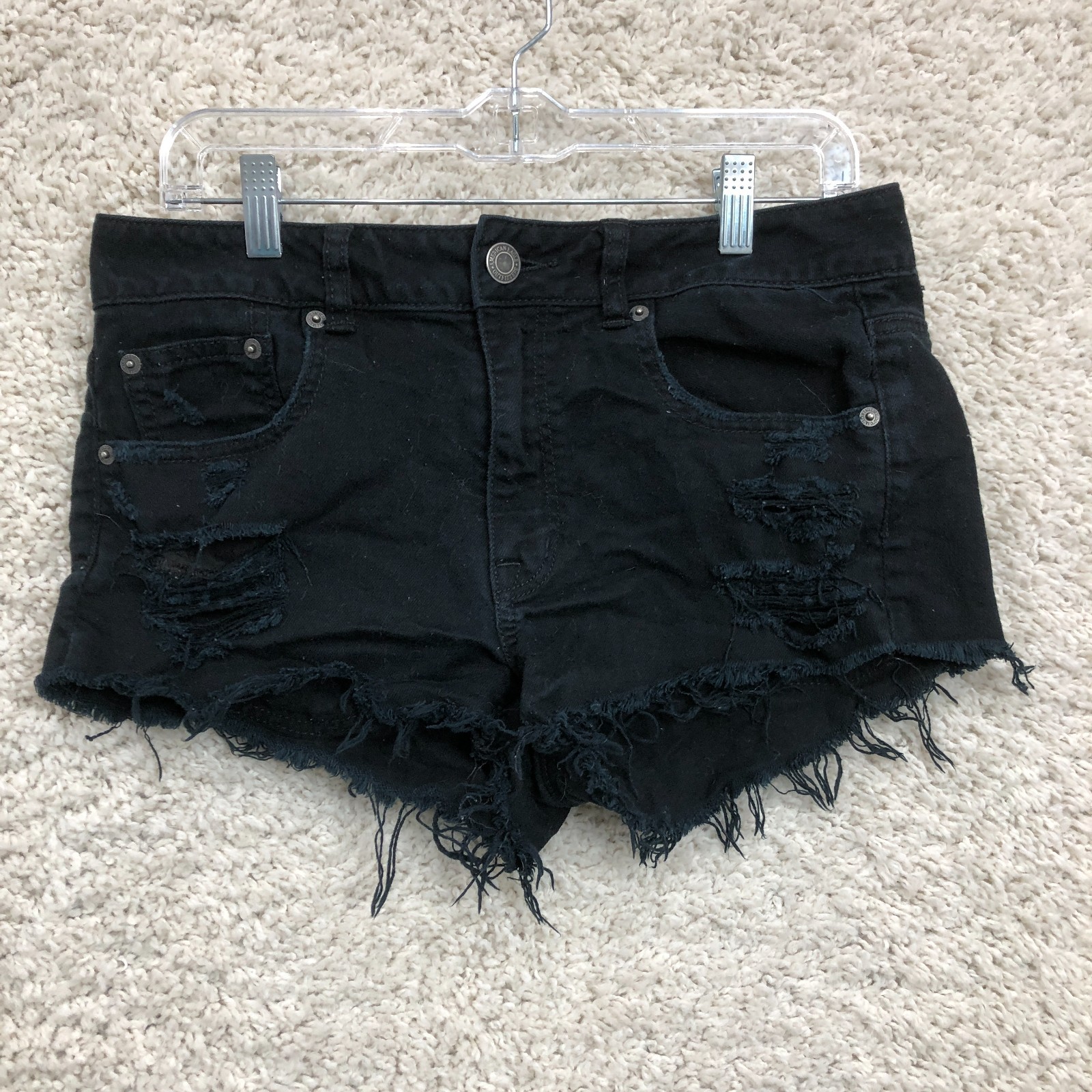 American Eagle Shorts 8 Womens Black Denim Stretch Cut Off Mid Rise Distressed