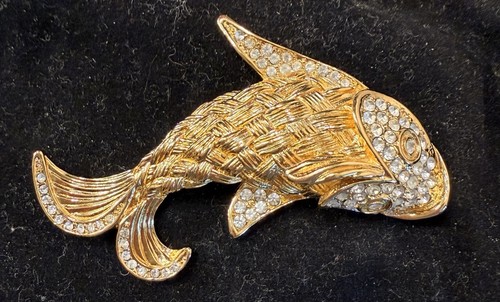 Rare Vintage Signed Christian Dior Gold-Plated Pave Rhinestone Koi Fish Brooch