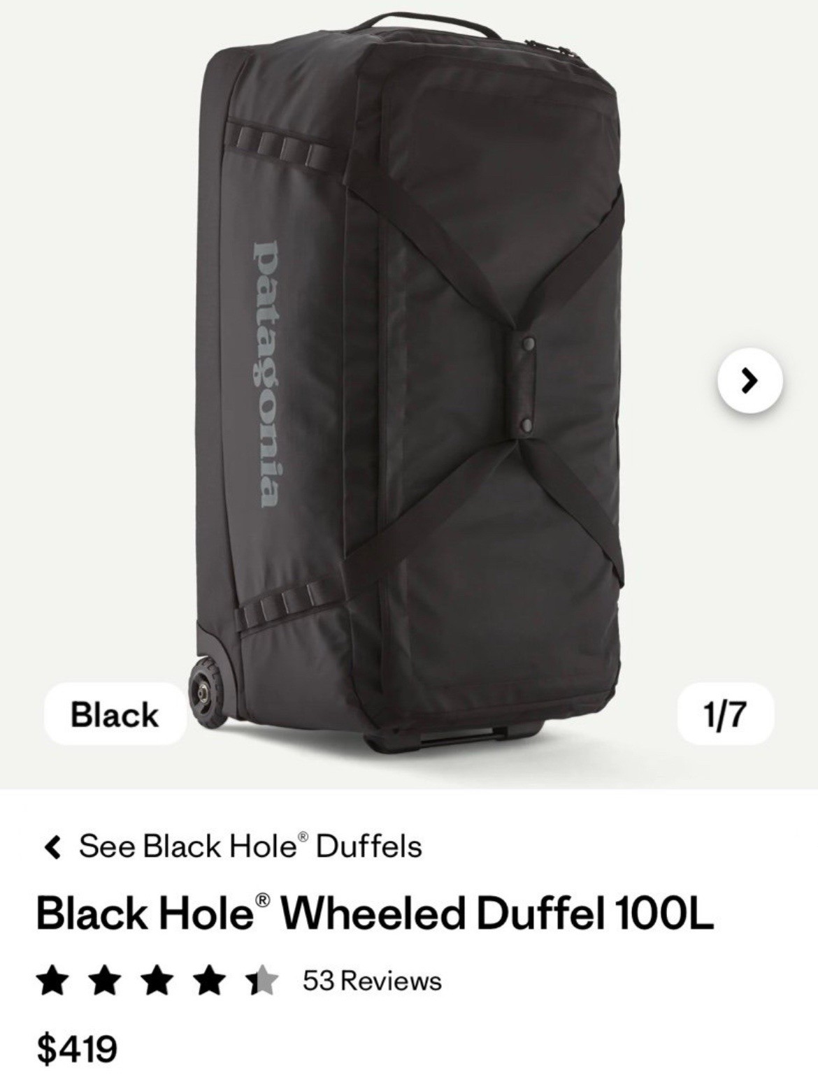 Patagonia Black Hole 100L Wheeled Duffel 49387 Black Used thumbnail 7