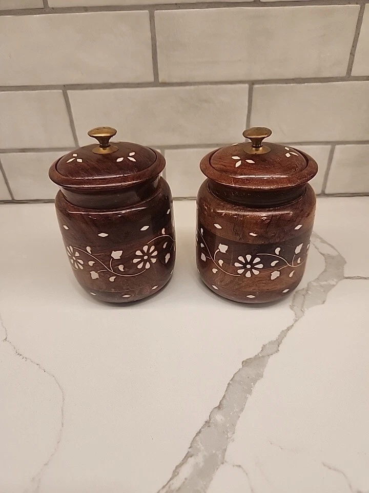 Wooden Kitchen Storage Flower Canister Jars with Lid for Snacks, Food Set Of 2