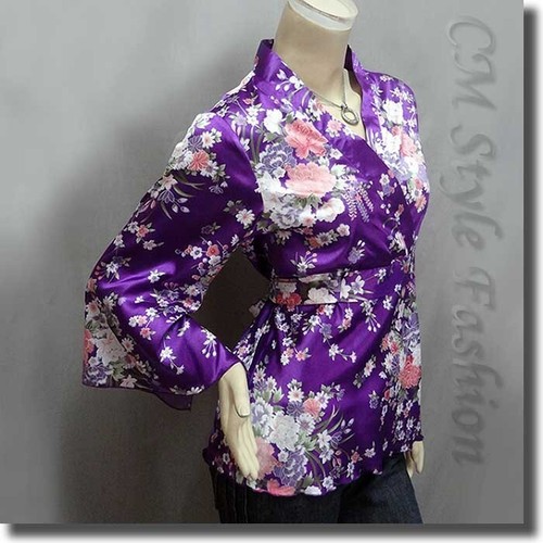 Japanese Kimono Floral Silky Satin Blouse Top Purple 2XL - Picture 3 of 5