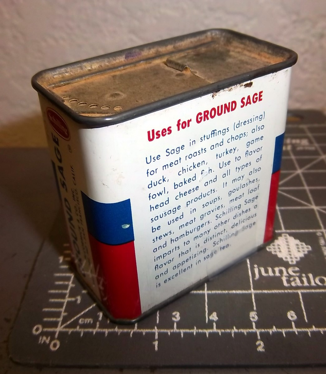 Vintage Schilling ground SAGE 1 oz spice tin, Great Logo