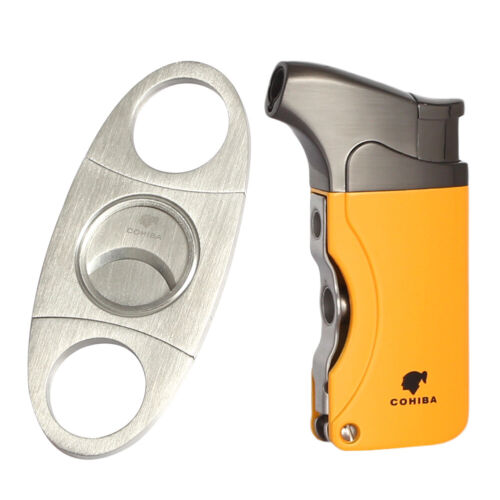 Yellow Metal Windproof Refill 1 Jet Torch Cigar Lighter Cutter Punch Gift Set - Picture 1 of 9