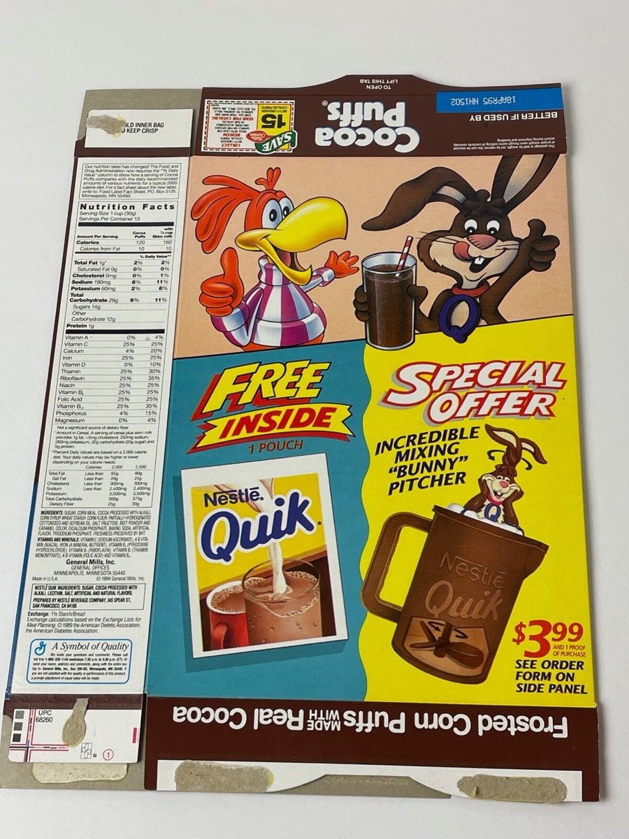 ＊coco＊ 1995 GM COCOA PUFFS cereal box w/ Nestle Quick Rabbit Shaker
