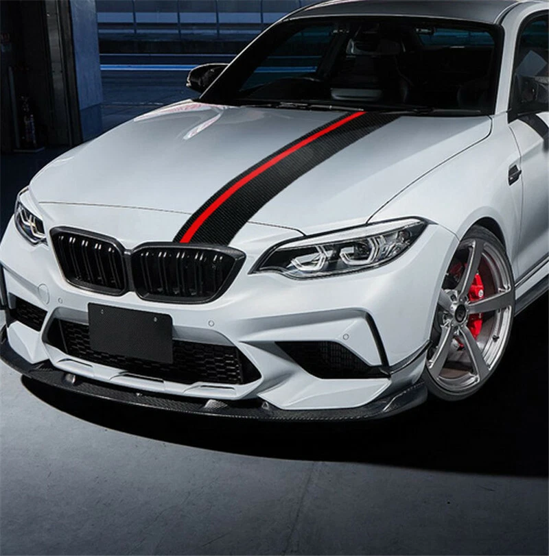 Calcomanía adhesiva envolvente negra/fibra de carbono con rayas rojas para capó delantero para BMW Foto 2 de 4